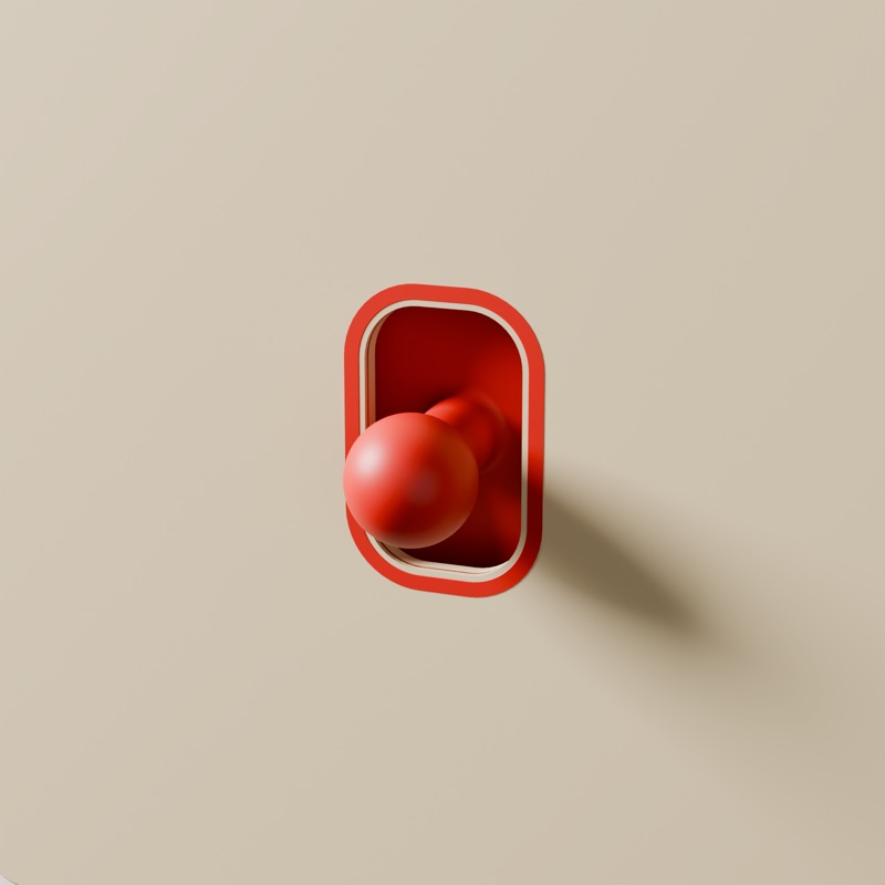 Close-up of the red ring round the slot of a linen cover, with a red sphere knob