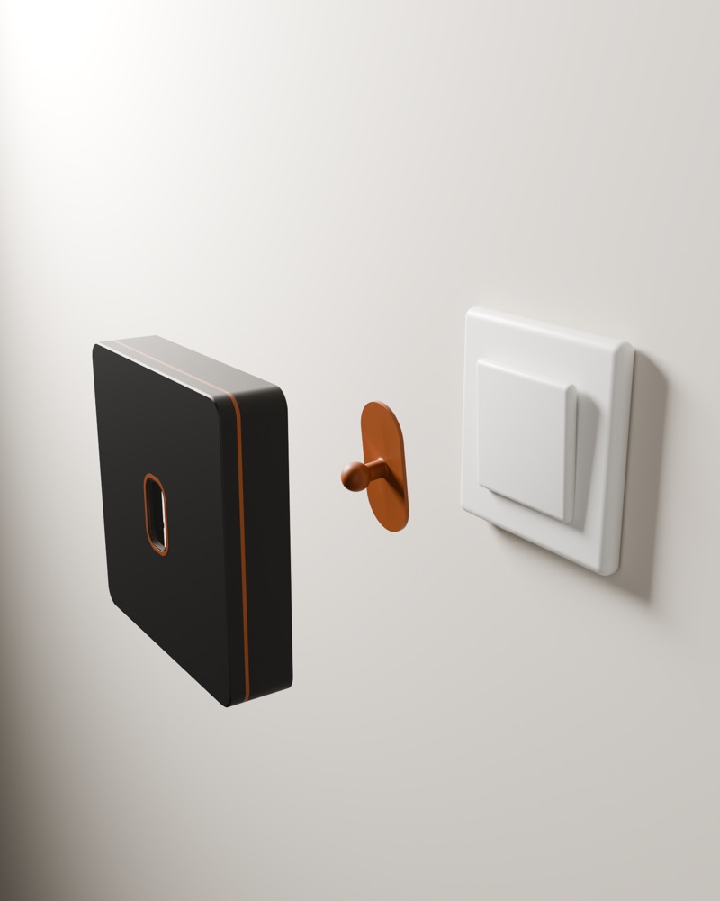 Exploded view: the cover, the knob on its plate, and the wall switch behind